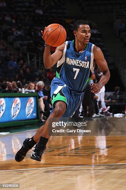 Ramon Sessions of the Minnesota Timberwolves drives against the Milwaukee Bucks during the preseason game on October 17, 2009 at the Bradley Center...