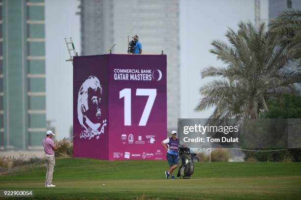 Daniel Brooks of England reacts on the 17th green during the first round of the Commercial Bank Qatar Masters at Doha Golf Club on February 22, 2018...