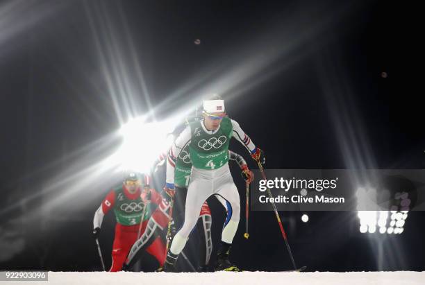Espen Andersen of Norway competes during the Nordic Combined Team Gundersen LH/4x5km, Cross-Country on day thirteen of the PyeongChang 2018 Winter...