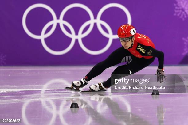 Dajing Wu of China skates on his way to winning gold in the Men's 500m Short Track Speed Skating Final A on day thirteen of the PyeongChang 2018...