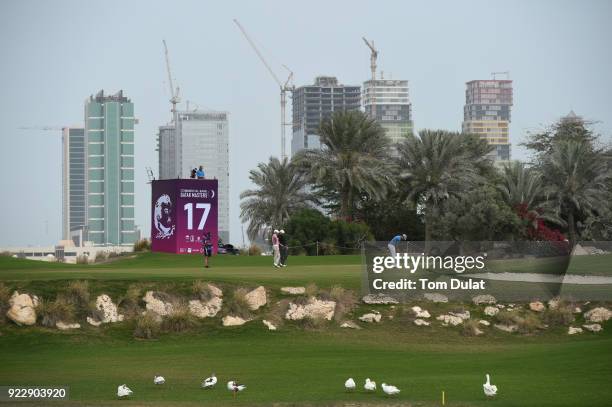 Nino Bertasio of Italy putts on the 17th green during the first round of the Commercial Bank Qatar Masters at Doha Golf Club on February 22, 2018 in...