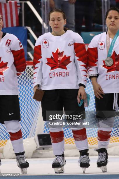 Jocelyne Larocque of Canada refuses to wear her silver medal after losing to the United States in the Women's Gold Medal Game on day thirteen of the...