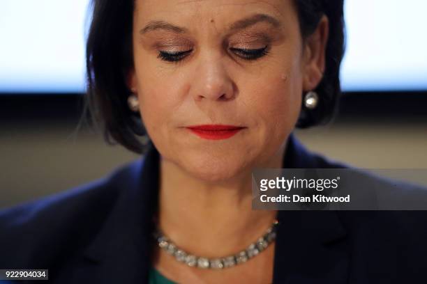 Sinn Fein President Mary Lou McDonald takes questions during a press conference hosted by the Foreign Press Association on February 22, 2018 in...