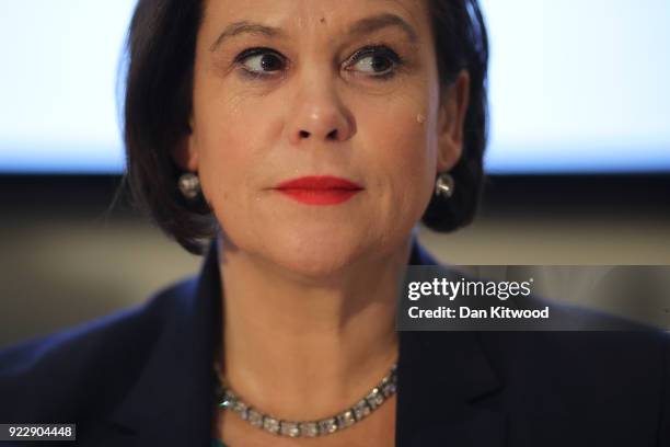 Sinn Fein President Mary Lou McDonald takes questions during a press conference hosted by the Foreign Press Association on February 22, 2018 in...
