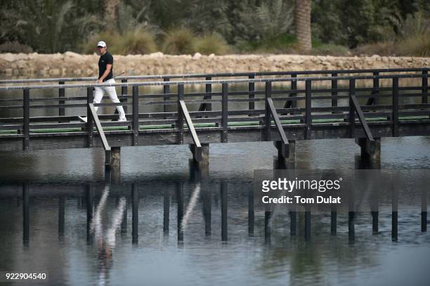 Lorenzo Gagli of Italy crosses a bridge during the first round of the Commercial Bank Qatar Masters at Doha Golf Club on February 22, 2018 in Doha,...