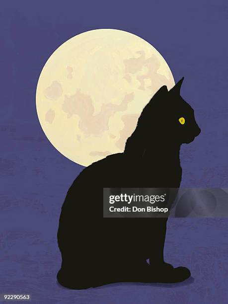 black cat and moon graphic illustration - cat outside stock illustrations