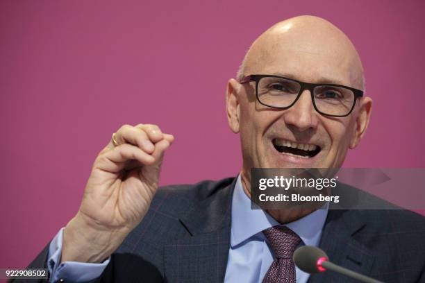 Tim Hoettges, chief executive officer of Deutsche Telekom AG, gestures while speaking during a full year earnings news conference at the company's...