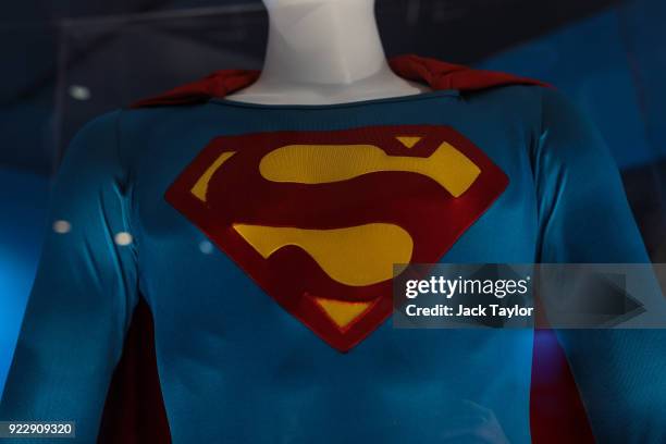 Superman costume from the 1978 Superman film worn by Christopher Reeve and designed by Yvonne Blake is on display at the DC Comics Exhibition: Dawn...