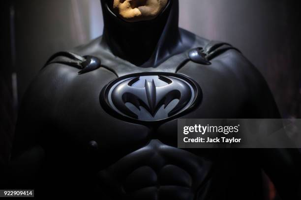 Batman costume from the 1997 Batman & Robin film worn by George Clooney and designed by Rob Ringwood and Mary Vogt is on display at the DC Comics...