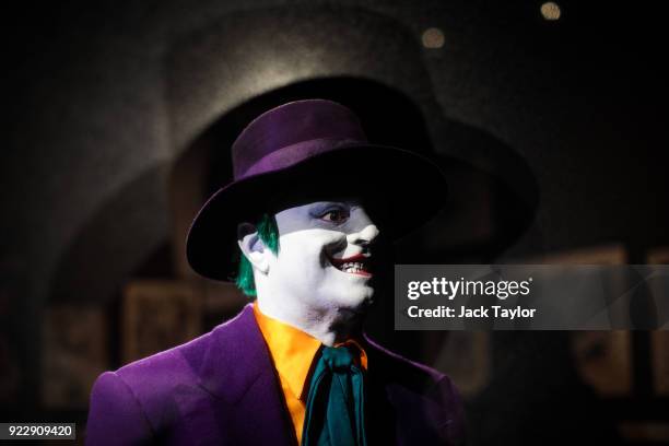 Joker costume from the 1989 Batman film worn by Jack Nicholson and designed by Rob Ringwood is on display at the DC Comics Exhibition: Dawn Of Super...