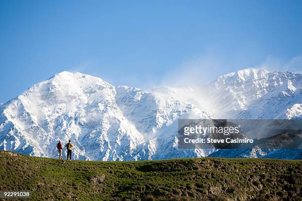 hikers standing in front of snowy mountain - kaikoura stock pictures, royalty-free photos & images