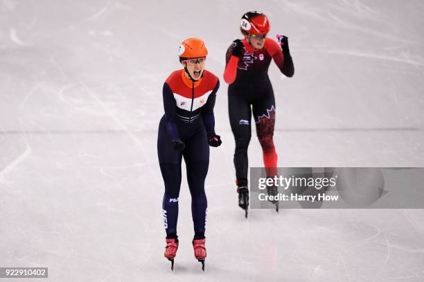 Suzanne Schulting of the Netherlands celebrates winning gold in the Ladies' 1,000m Short Track Speed Skating Final A on day thirteen of the...