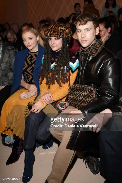 Chloe Grace Moretz, Sasha Lane and Tommy Dorfman attend the Fendi show during Milan Fashion Week Fall/Winter 2018/19 on February 22, 2018 in Milan,...