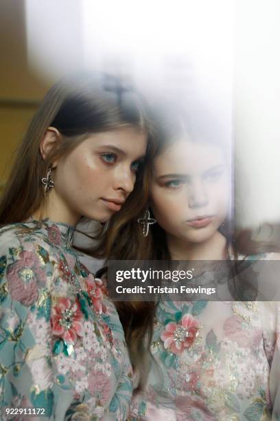 Models are seen backstage ahead of the Luisa Beccaria show during Milan Fashion Week Fall/Winter 2018/19 on February 22, 2018 in Milan, Italy.