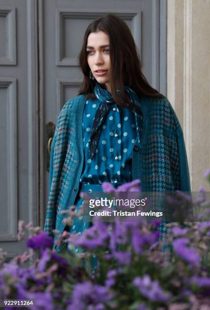 Model is seen backstage ahead of the Luisa Beccaria show during Milan Fashion Week Fall/Winter 2018/19 on February 22, 2018 in Milan, Italy.