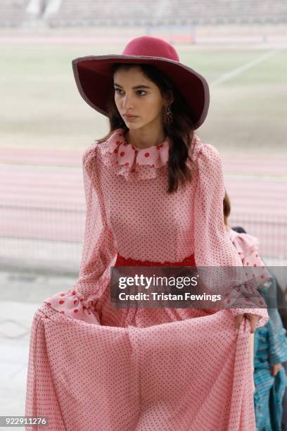 Model is seen backstage ahead of the Luisa Beccaria show during Milan Fashion Week Fall/Winter 2018/19 on February 22, 2018 in Milan, Italy.