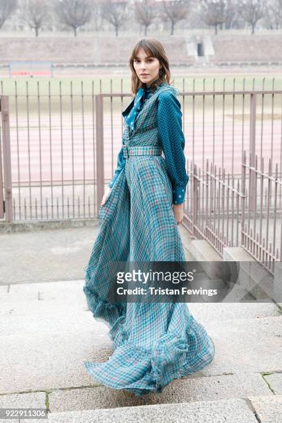Model is seen backstage ahead of the Luisa Beccaria show during Milan Fashion Week Fall/Winter 2018/19 on February 22, 2018 in Milan, Italy.