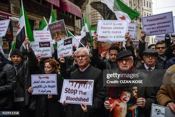 Syrian opposition politician George Sabra takes part in a protest in front of Russian Consulate in Istanbul on February 22, 2018 during a protest...