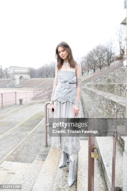 Model is seen backstage ahead of the Luisa Beccaria show during Milan Fashion Week Fall/Winter 2018/19 on February 22, 2018 in Milan, Italy.