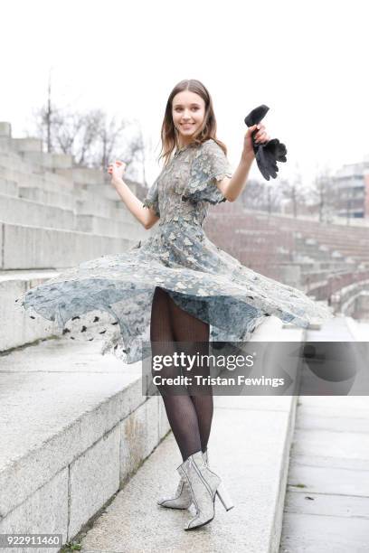 Model is seen backstage ahead of the Luisa Beccaria show during Milan Fashion Week Fall/Winter 2018/19 on February 22, 2018 in Milan, Italy.