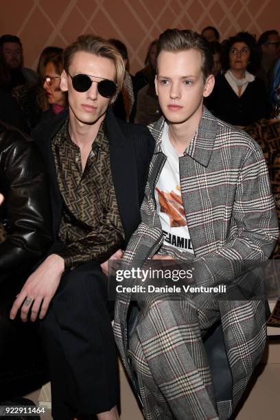 Jamie Campbell Bower and Sam Bower attend the Fendi show during Milan Fashion Week Fall/Winter 2018/19 on February 22, 2018 in Milan, Italy.