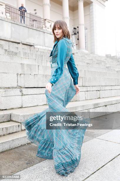 Model is seen backstage ahead of the Luisa Beccaria show during Milan Fashion Week Fall/Winter 2018/19 on February 22, 2018 in Milan, Italy.