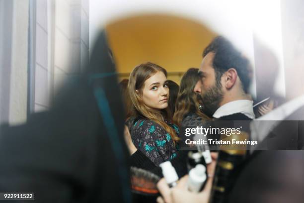 Model is seen backstage ahead of the Luisa Beccaria show during Milan Fashion Week Fall/Winter 2018/19 on February 22, 2018 in Milan, Italy.