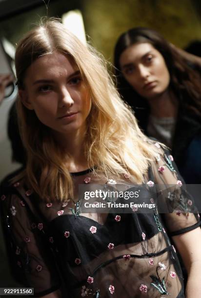 Models are seen backstage ahead of the Luisa Beccaria show during Milan Fashion Week Fall/Winter 2018/19 on February 22, 2018 in Milan, Italy.