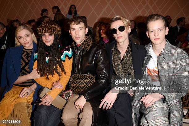 Chloe Grace Moretz, Sasha Lane, Tommy Dorfman, Jamie Campbell Bower and Sam Bower attend the Fendi show during Milan Fashion Week Fall/Winter 2018/19...