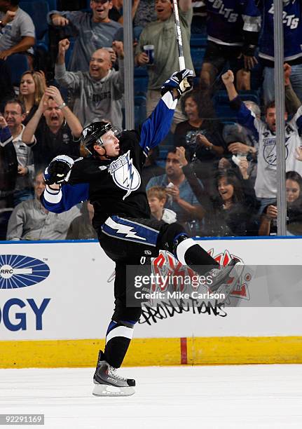 Steven Stamkos of the Tampa Bay Lightning reacts after scoring a goal against the San Jose Sharks at the St. Pete Times Forum on October 22, 2009 in...