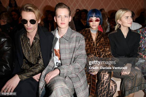 Jamie Campbell Bower, Sam Bower, Sita Abellan and Caroline Daur attend the Fendi show during Milan Fashion Week Fall/Winter 2018/19 on February 22,...