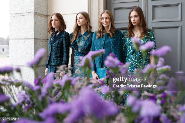 Models are seen backstage ahead of the Luisa Beccaria show during Milan Fashion Week Fall/Winter 2018/19 on February 22, 2018 in Milan, Italy.