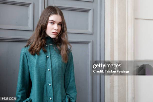 Model is seen backstage ahead of the Luisa Beccaria show during Milan Fashion Week Fall/Winter 2018/19 on February 22, 2018 in Milan, Italy.