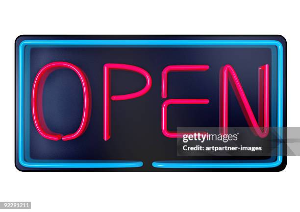 open - illuminated advertising - illuminated sign stock pictures, royalty-free photos & images