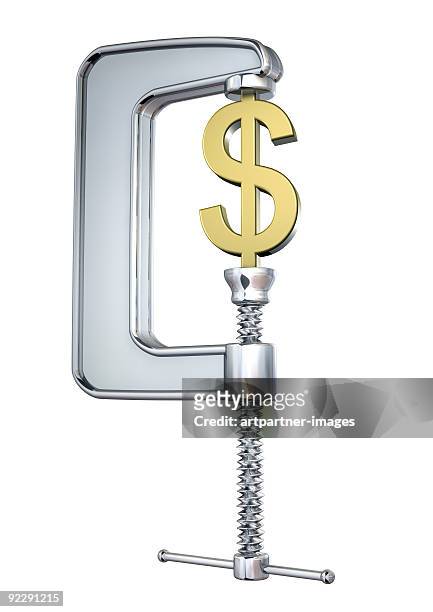 dollar sign under pressure in a clamp - clamp stock pictures, royalty-free photos & images
