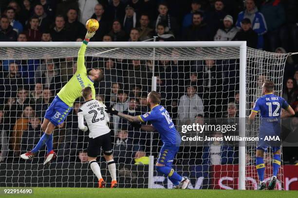 Felix Wiedwald of Leeds United makes a save during the Sky Bet Championship match between Derby County and Leeds United at iPro Stadium on February...