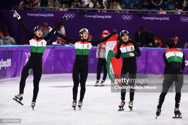Shaoang Liu, Shaolin Sandor Liu, Viktor Knoch and Csaba Burjan of Hungary celebrate winning the gold medal during the Men's 5,000m Relay Final A on...