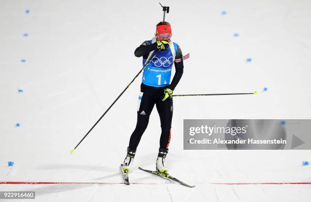 Laura Dahlmeier of Germany reacts as she crosses the finish line during the Women's 4x6km Relay on day 13 of the PyeongChang 2018 Winter Olympic...