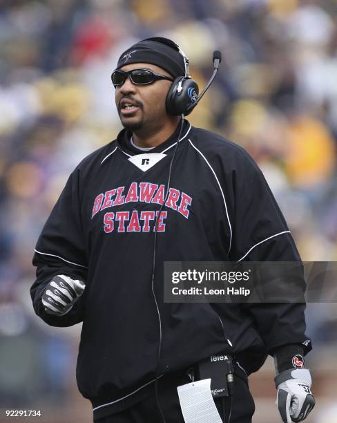 Defensive coach Ed Sanders of the Delaware State University during the game against the University of Michigan at Michigan Stadium on October 17,...