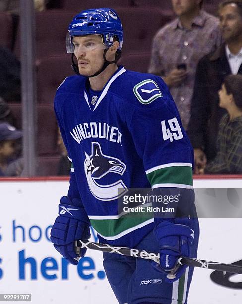 Alexandre Bolduc of the Vancouver Canucks takes part in the pre game warmup prior to the NHL game against the Minnesota Wild on October 17, 2009 at...
