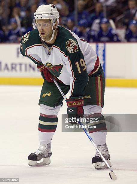 Andy Hilbert of the Minnesota Wild lines up for a faceoff during the NHL game against the Vancouver Canucks on October 17, 2009 at General Motors...