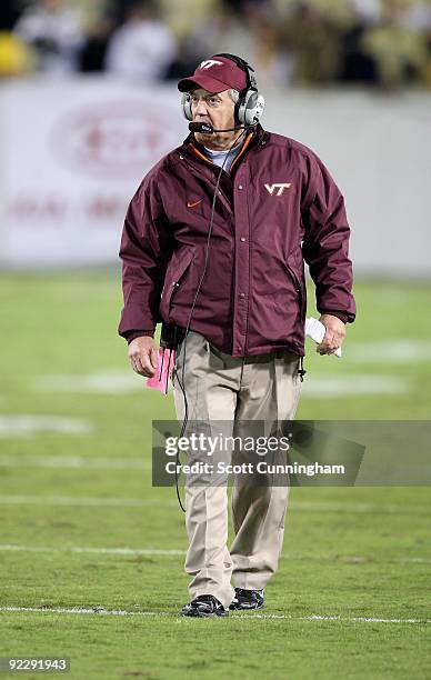 Head Coach Frank Beamer of the Virginia Tech Hokies looks for a call from a referee during the game against the Georgia Tech Yellow Jackets at Bobby...