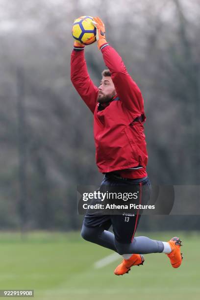 Kristoffer Nordfeldt in action during Swansea City training at The Fairwood Training Ground on February 21, 2018 in Swansea, Wales.