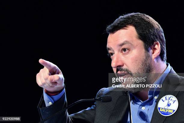 General secretary of Italian far-right party Lega Nord Matteo Salvini gestures as speaks during the General Labour Union congress on February 22 in...