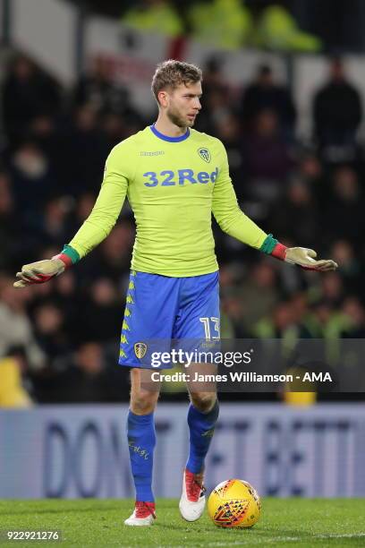 Felix Wiedwald of Leeds United during the Sky Bet Championship match between Derby County and Leeds United at iPro Stadium on February 20, 2018 in...