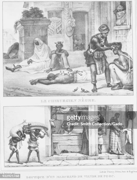 Two sketches by a French author depicting African life, including a sketch titled "The African Surgeon" and a sketch titled "Pork Meat Store",...