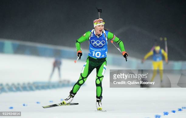 Darya Domracheva of Belarus races the line to win gold during the Women's 4x6km Relay on day 13 of the PyeongChang 2018 Winter Olympic Games at...