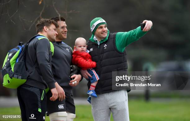 Maynooth , Ireland - 22 February 2018; Ireland supporter Andrew Gee, and his son Charlie, take a 'selfie' with Jordi Murphy, left, and CJ Stander on...