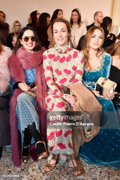 Paola Iezzi, Johanna Maggy and a guest attends the Luisa Beccaria show during Milan Fashion Week Fall/Winter 2018/19 on February 22, 2018 in Milan,...
