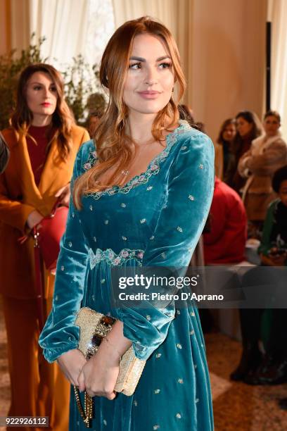 Guest attends the Luisa Beccaria show during Milan Fashion Week Fall/Winter 2018/19 on February 22, 2018 in Milan, Italy.